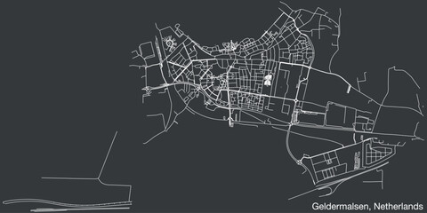 Detailed hand-drawn navigational urban street roads map of the Dutch city of GELDERMALSEN, NETHERLANDS with solid road lines and name tag on vintage background