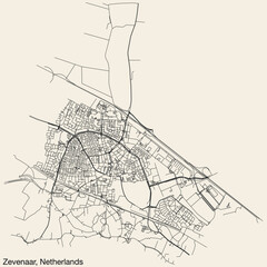 Detailed hand-drawn navigational urban street roads map of the Dutch city of ZEVENAAR, NETHERLANDS with solid road lines and name tag on vintage background