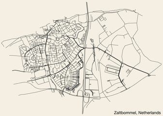 Fototapeta na wymiar Detailed hand-drawn navigational urban street roads map of the Dutch city of ZALTBOMMEL, NETHERLANDS with solid road lines and name tag on vintage background