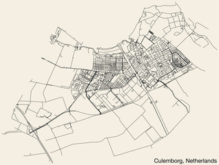 Detailed hand-drawn navigational urban street roads map of the Dutch city of CULEMBORG, NETHERLANDS with solid road lines and name tag on vintage background