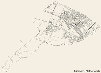Detailed hand-drawn navigational urban street roads map of the Dutch city of UITHOORN, NETHERLANDS with solid road lines and name tag on vintage background