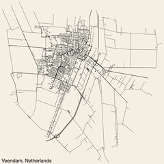 Detailed hand-drawn navigational urban street roads map of the Dutch city of VEENDAM, NETHERLANDS with solid road lines and name tag on vintage background