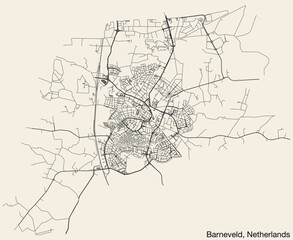 Detailed hand-drawn navigational urban street roads map of the Dutch city of BARNEVELD, NETHERLANDS with solid road lines and name tag on vintage background