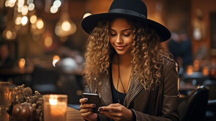 young Latina woman wearing a witch's hat while enjoying coffee and using her phone in a cafe,. - obrazy, fototapety, plakaty
