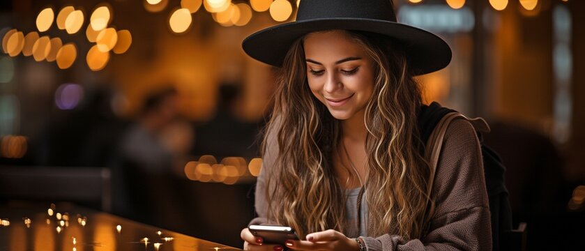 young Latina woman wearing a witch's hat while enjoying coffee and using her phone in a cafe,.