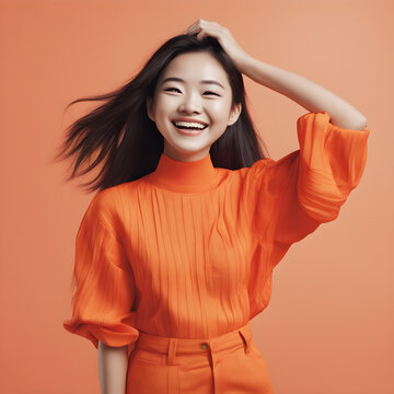 beautiful girl, who is smiling and laughing, raising hand by touching hair and head, wearing bright clothes. Bright solid deep orange background. created by generative AI technology.