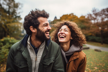 Lifestyles, relationship and multicultural concept. Happy young and beautiful couple walking and laughing in public park. Joyful mood. Outdoors park and nature in background. Generative AI