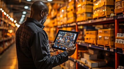 A worker controls an automated retail warehouse using an AR application on a tablet..