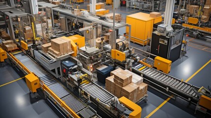 Top Down View of Several Conveyor Belt Systems Moving a Variety of Retail Orders from an Online Business Sales,. - obrazy, fototapety, plakaty