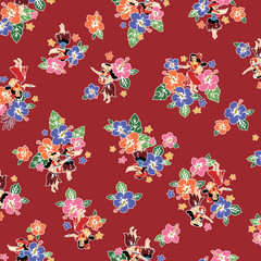 Cute hibiscus and hula dancer seamless pattern,
