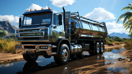 Food cistern. Fast transport of goods. Tank truck in motion. Water or milk delivery