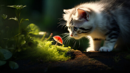 Young cat kitten hunting a ladybug