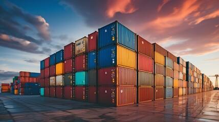 Containers stacked in a port, import and export idea.