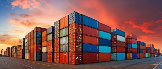 Containers stacked in a port, import and export idea.