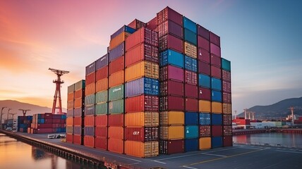 Containers stacked in a port, import and export idea.