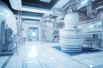 Modern drug factory | Clean, bright workshop with advanced machinery for pharmaceutical, semiconductor, and biotechnology manufacturing. 3D rendering. Generative AI