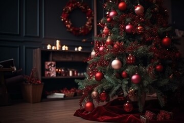 Fototapeta na wymiar Festive scene indoors with red decorations and a Christmas tree. Generative AI