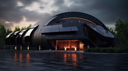 Fototapeta premium Alternative energy. Solar panels on roof of black industrial or RND building.