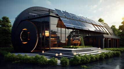 Alternative energy. Solar panels on roof of black industrial or RND building.