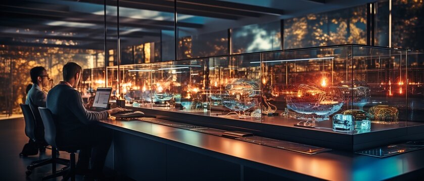 A technological company's modern workplace is home to data scientists who are working on the creation of a quantum computer..