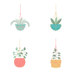 Hanging Potted Plant With Colorful Design. Isolated Vector Set. 