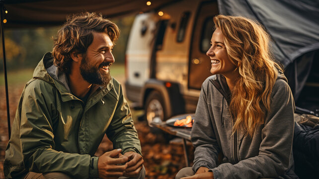 A white couple is seen outside next to their camper trailer, enjoying coffee and food..