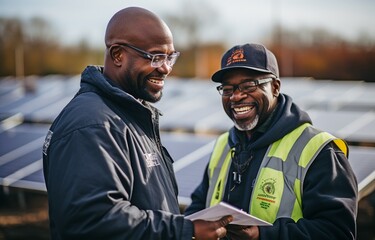 Fototapeta premium An engineer and a businessman study a blueprint at a solar farm..