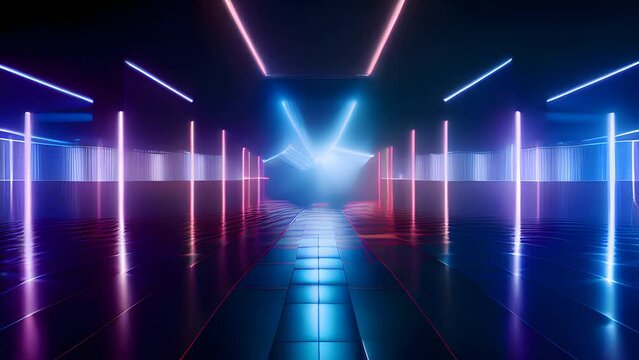 Red and Blue Neon Intro in Glowing Corridor - Generative AI