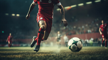Soccer Match Energy - Player in Action, intense moment on the soccer field with a focused player dribbling at high speed, showcasing the dynamic excitement of the sport. - Powered by Adobe