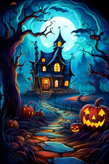 Halloween haunted house with scary moon and pumpkins