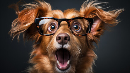 Surprised Dog with Glasses on Dark Background, comical portrait of a dog with fluffy ears, wearing oversized glasses, and displaying an amusing look of surprise against a dark backdrop - obrazy, fototapety, plakaty