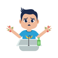 A boy kids washing his hands in the sink concept vector illustration. Washing hands under faucet with soap and water. Virus and bacteria prevention healthcare.
