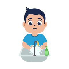 A boy kids washing his hands in the sink concept vector illustration. Washing hands under faucet with soap and water. Virus and bacteria prevention healthcare.