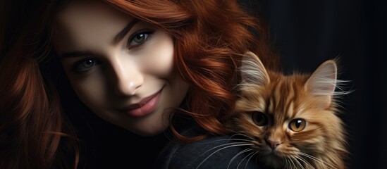 A red haired woman with a cat With copyspace for text