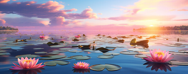 Lotus flowers on a lake in sunset - obrazy, fototapety, plakaty