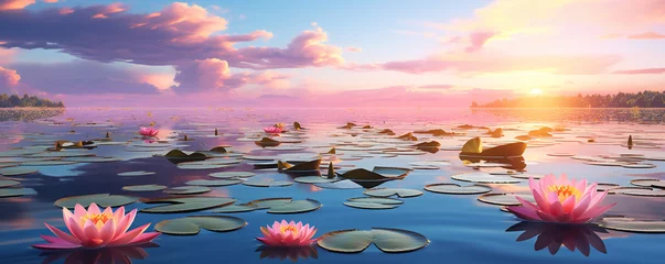 Foto op Canvas Lotus flowers on a lake in sunset © Adrian Grosu