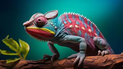 Fototapeta premium Beautiful color of panther chameleon, colorful lizard, chameleon closeup with isolated background