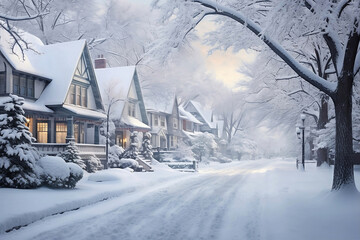 house in the snow, Winter's Blanket: Enchanting Snowy Landscapes Transforming Ordinary Streets and Cozy Homes into a White Christmas Wonderland. - obrazy, fototapety, plakaty