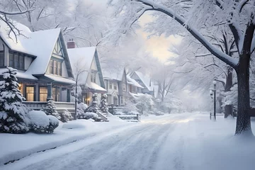 Fotobehang house in the snow, Winter's Blanket: Enchanting Snowy Landscapes Transforming Ordinary Streets and Cozy Homes into a White Christmas Wonderland. © Kane
