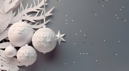 beautiful white Origami Christmas balls and snowflakes on a silver background.