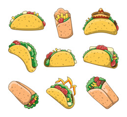 Tasty taco and burrito. Mexican fast food. Vector drawing. Collection of design elements.