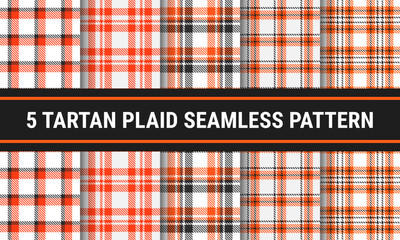Set Tartan Plaid Seamless Pattern Autumn In White Orange Grey. Checkered fabric texture for flannel shirt, skirt, blanket
