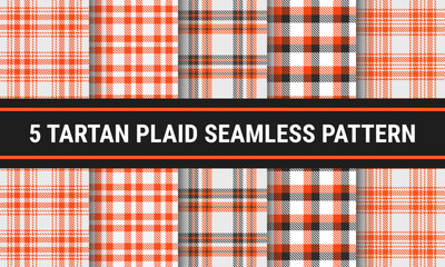 Set Tartan Plaid Seamless Pattern Autumn In White Orange Grey. Checkered fabric texture for flannel shirt, skirt, blanket
