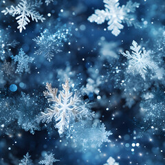 Fototapeta na wymiar seamless pattern of snowflakes on dark blue background, neural network generated. Not based on any actual scene or pattern.