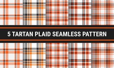 Set Tartan Plaid Seamless Pattern Autumn In White Orange Grey. Checkered fabric texture for flannel shirt, skirt, blanket
