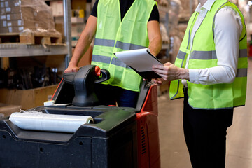 warehouse workers men in reflective jackets pulling a pallet truck and talking while standing among shelves in retail warehouse logistics, distribution center. male holding clipboard, cargo control