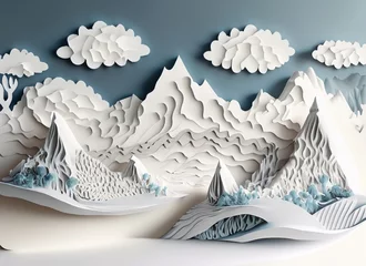Fototapeten paper cut landscape forming mountain, mountain with sky, white mountain background in paper style, mountain origami, winter landscape with mountains made of paper cut  © yogia10