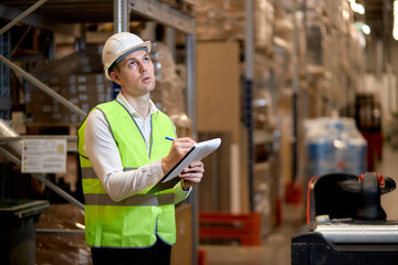 male worker doing stocktaking of product management on shelves in warehouse, counting and taking...