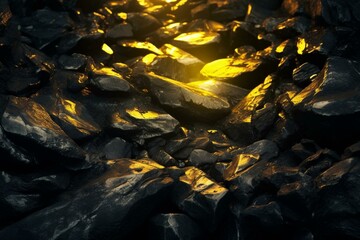 Dark background, yellow lights, black rocks. Generative AI