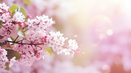 Gentle pink-white lilac branches on blurred greenery